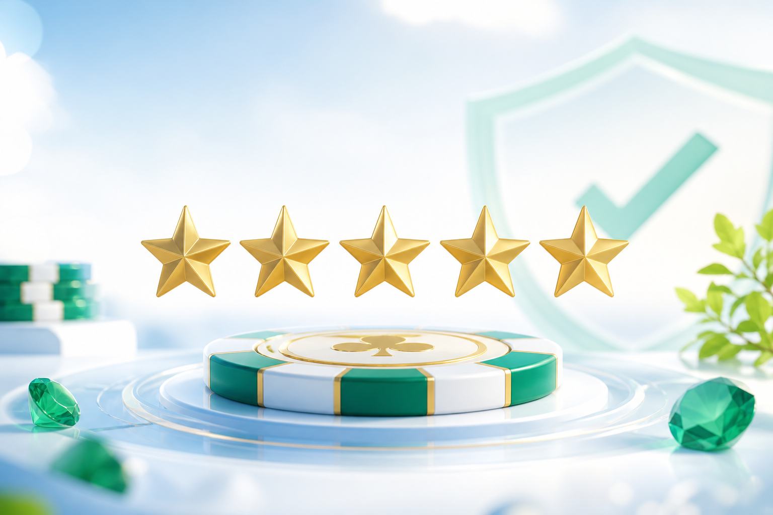 Bright trust-focused review hero with stars and soft casino accents