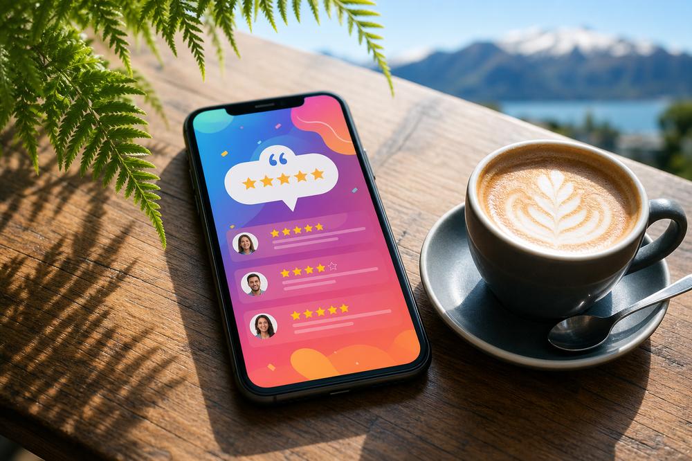 Smartphone on a cafe table showing a bright star-rating review interface